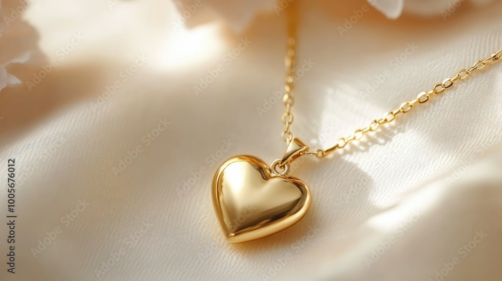 Close-up of a delicate gold heart pendant with a chain, displayed on a soft white background