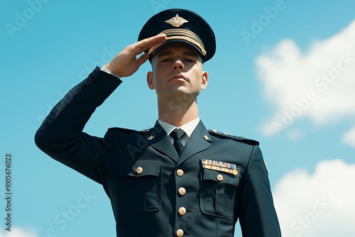 A proud soldier in uniform saluting against a clear blue sky, representing service, dedication, and honor in military life. photo