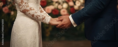 A romantic moment captured as a bride and groom hold hands during their wedding ceremony surrounded by floral beauty. photo