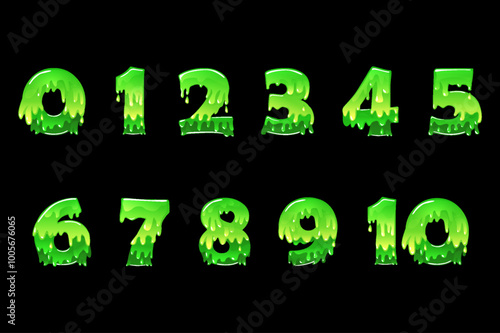 Slime or mucus Numbers, figures from 0 to 10. Slime font type numbers Latin alphabet. Calligraphy, lettering, typography for slime production photo