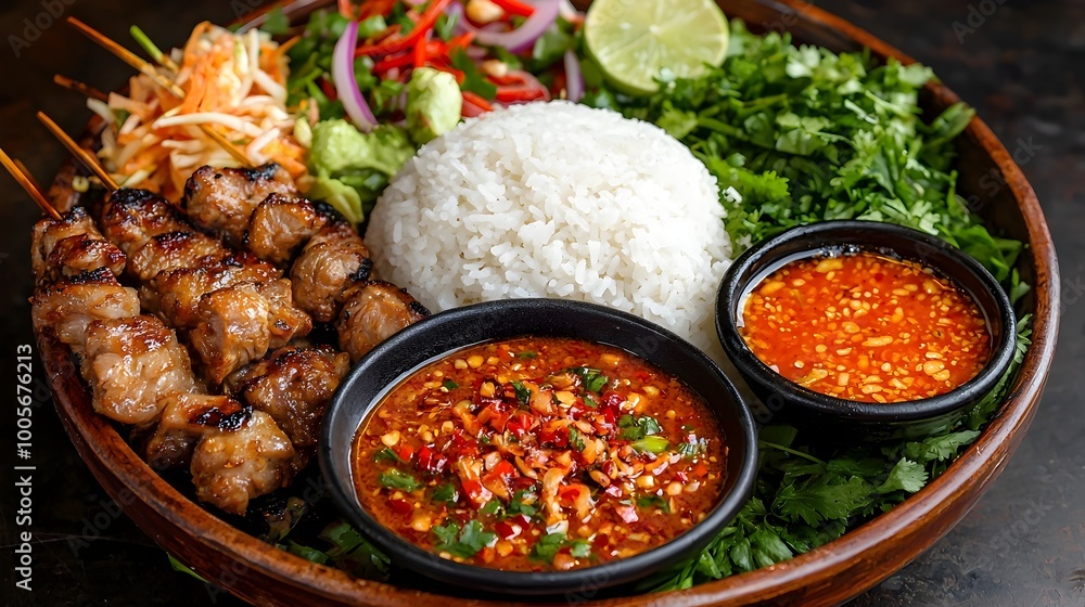 Authentic Northern Thai Platter Featuring Sticky Rice Grilled Meats Chili Dips and Herbal Vegetables A Mouthwatering Culinary Delight from the Vibrant Flavors of Thailand Authentic Northern Thai Platter Featuring Sticky Rice Grilled Meats Chili Dips and Herbal Vegetables A Mouthwatering Culinary Delight from the Vibrant Flavors of Thailand