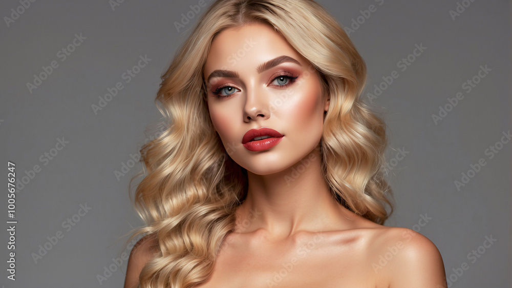 A blonde woman with a wavy hairstyle poses gracefully, highlighting beauty, modernity, and sophisticated fashion. A blonde woman with a wavy hairstyle poses gracefully, highlighting beauty, modernity, and sophisticated fashion.