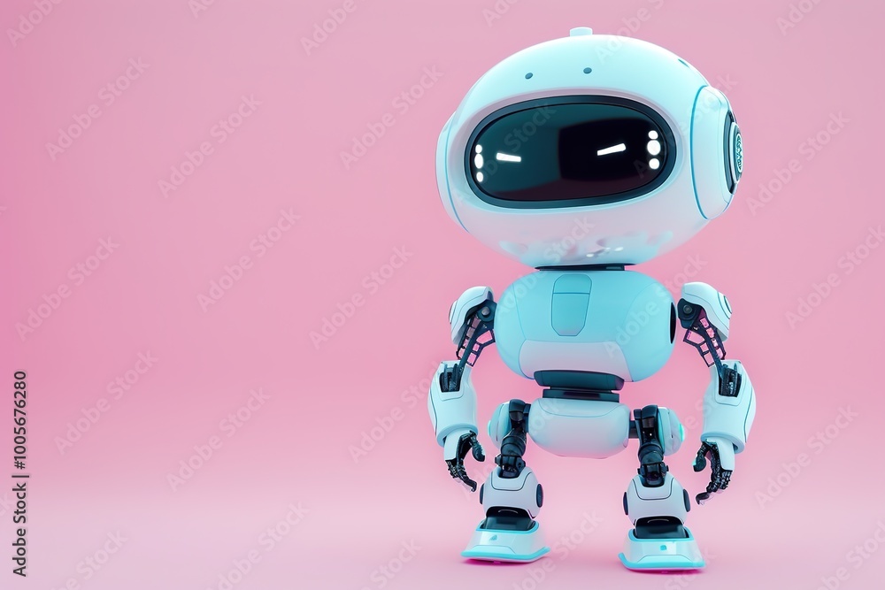Cute blue robot with digital face on pink background Cute blue robot with digital face on pink background