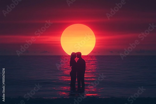 A romantic sunset silhouette of a couple embracing by the ocean, creating a serene and heartfelt moment of love. photo