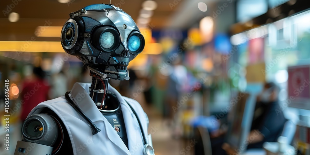 Humanoid robot wearing suit in urban setting Humanoid robot wearing suit in urban setting