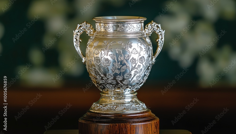 Silver trophy with intricate designs on a wooden base, isolated on a blurred background. Silver trophy with intricate designs on a wooden base, isolated on a blurred background.