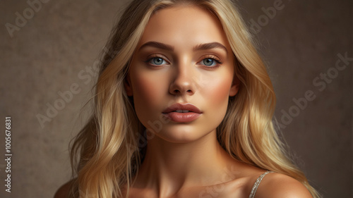 This image features a beautiful blonde woman gazing thoughtfully, capturing elegance and artistic portraiture style.