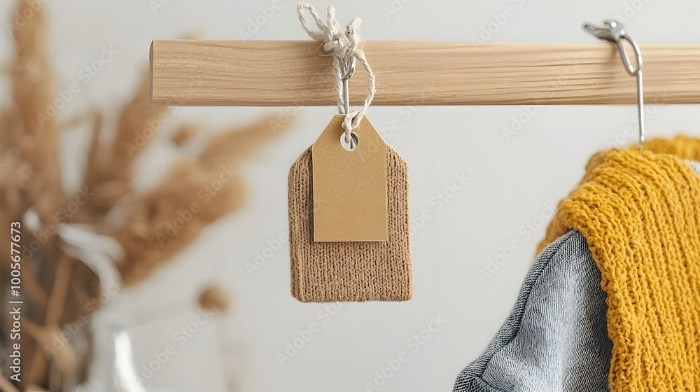 Branded clothing tag mockup attached to a casual outfit hanging on a ...