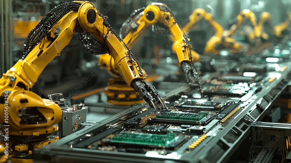 Industrial Robotic Arms Assembling Circuit Board in Factory Industrial Robotic Arms Assembling Circuit Board in Factory