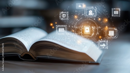A luminous book with floating digital symbols, symbolizing the blend of traditional wisdom and modern tech in education