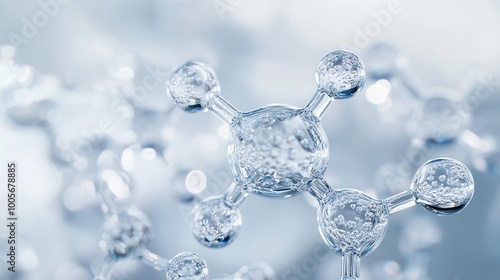 Molecular structure with water droplets in focus.