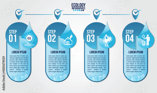Info eco fedeInfographic eco water blue design elements process 4 steps or options parts with drop of water. Ecology organic nature vector business template for presentation.