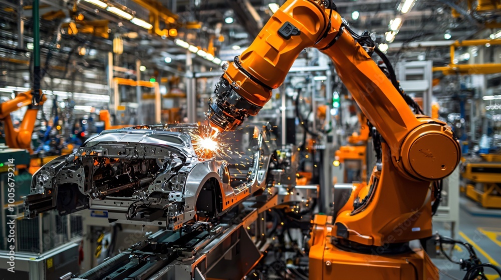 Automated Car Manufacturing Robot Welding Sparks Automated Car Manufacturing Robot Welding Sparks