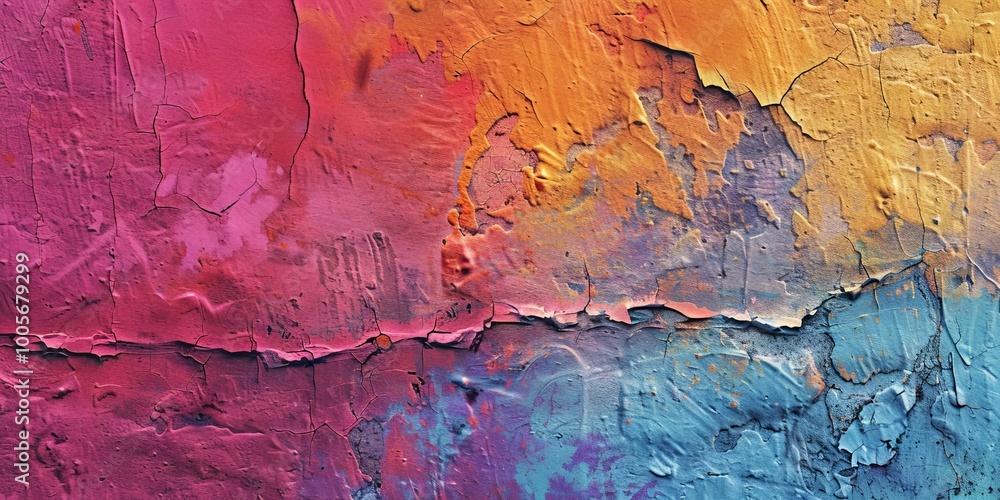 Naklejka premium Close-up of a vibrant abstract texture featuring colorful layers of paint in red, orange, yellow, blue, and purple hues.