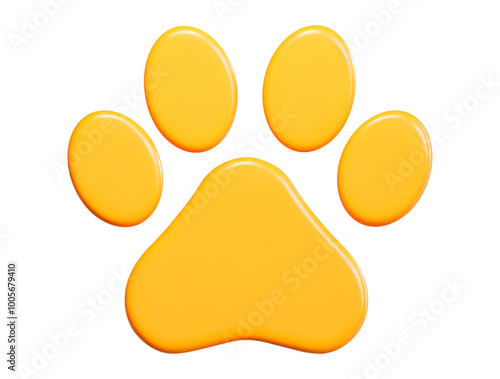 3d yellow pet paw. Stock vector illustration on isolated background.