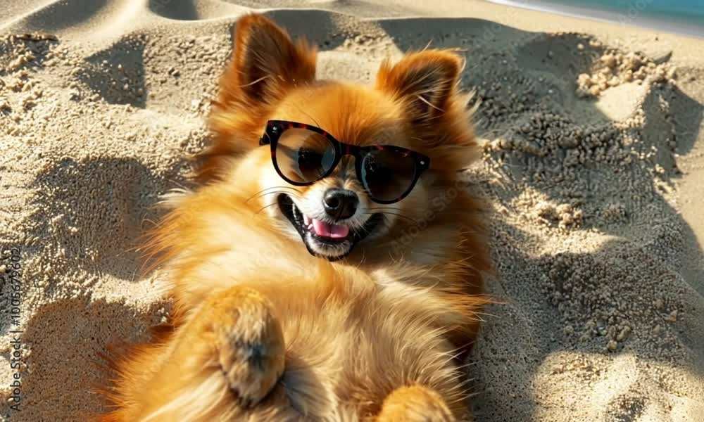 A cute fluffy dog wearing sunglasses, laying comfortably on the beach ...