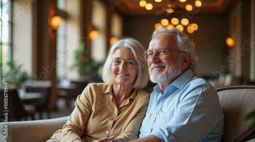 Senior Couple Relaxing in a Luxury Modern Hotel Lobby | Comfortable Retirement Living | Travel, Relaxation & Luxury Lifestyle
