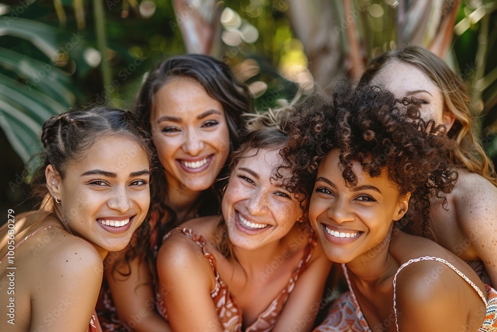Fototapeta premium Joyful diverse women embracing in nature, friendship concept