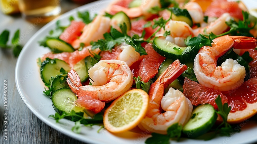 Salad with shrimp, grapefruit, cucumber, radish is served on a large white plate in the restaurant. Close-up. Restaurant menu. generative ai Salad with shrimp, grapefruit, cucumber, radish is served on a large white plate in the restaurant. Close-up. Restaurant menu. generative ai