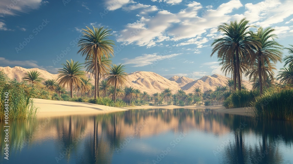 Serene desert oasis with palm trees and mountains. Serene desert oasis with palm trees and mountains.