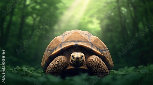 Turtle in forest, sunlight filtering through trees photo