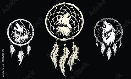 Wolf Dreamcatcher Vector Set. Tribal and Spiritual Illustrations