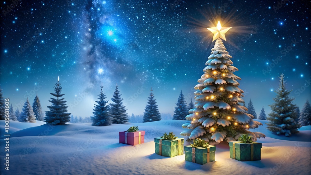 Obraz premium christmas tree and gift boxes on snow in night