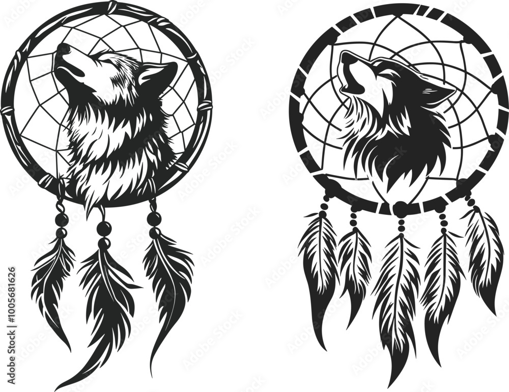 Obraz premium Wolf Dreamcatcher Tribal Design. Intricate Vector Art Set