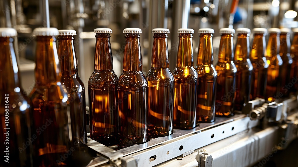 Brown Glass Bottles on Conveyor Belt in Factory Brown Glass Bottles on Conveyor Belt in Factory