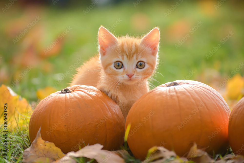 Cute red kitten between autumn leaves and pu Cute red kitten between autumn leaves and pu