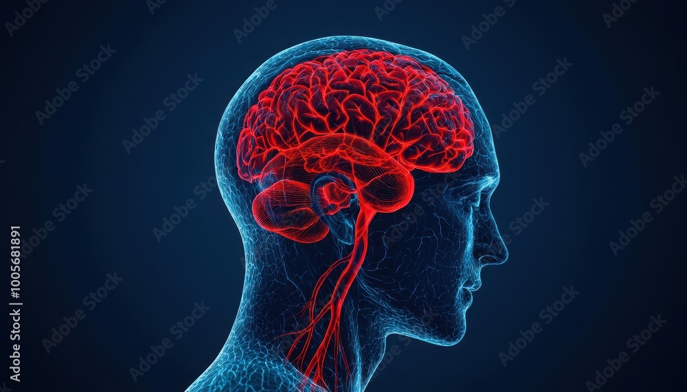 Illustration of a human brain with red neural pathways on a dark background. Illustration of a human brain with red neural pathways on a dark background.