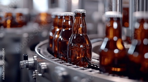 Beer Bottles on Conveyor Belt in Brewery