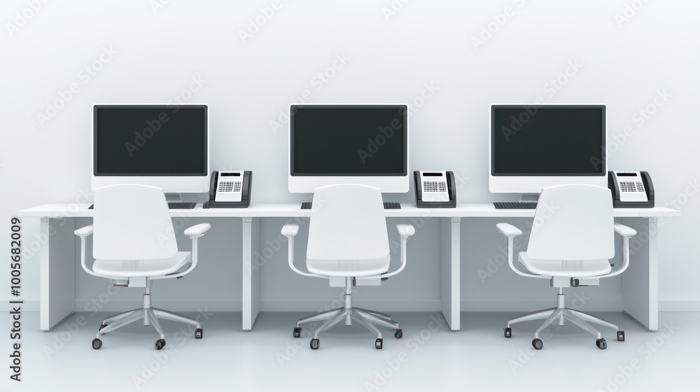 Futuristic Customer Service Center with Sleek Design and Copy Space on Side Wall Futuristic Customer Service Center with Sleek Design and Copy Space on Side Wall