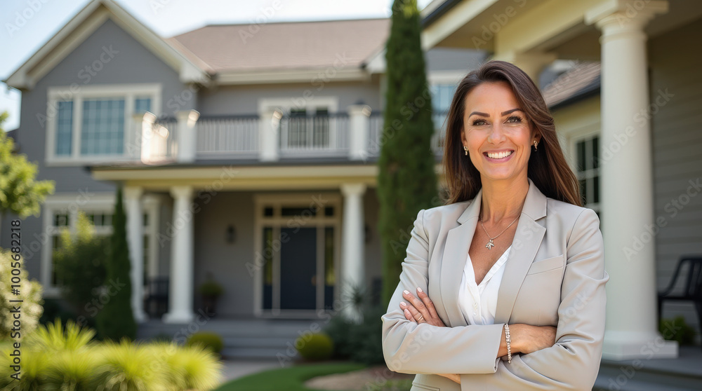 Confident Real Estate Agent Smiling in Front of Modern Luxury Home – Realtor Headshot for Real Estate Marketing and Property Listing Confident Real Estate Agent Smiling in Front of Modern Luxury Home – Realtor Headshot for Real Estate Marketing and Property Listing