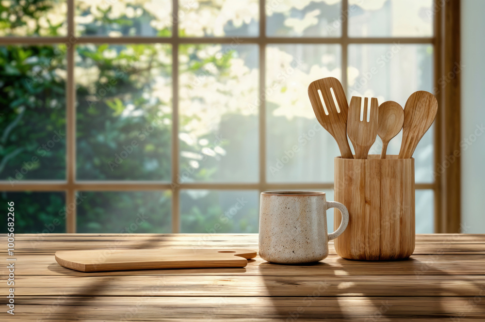 Wooden kitchen utensils resting on table in sunlit kitchen Wooden kitchen utensils resting on table in sunlit kitchen