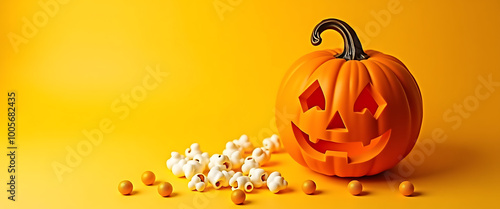 Top View of Carved Pumpkin and Popcorn on Yellow Gradient Background