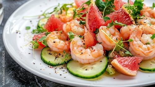 Salad with shrimp, grapefruit, cucumber, radish is served on a large white plate in the restaurant. Close-up. Restaurant menu. generative ai