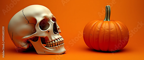 Human Skull with Pumpkin on Orange Background with Copy Space