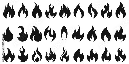 Fire icon set flames flammable sign symbol black vcetor buttons light ignite burn hot silhouette vetor