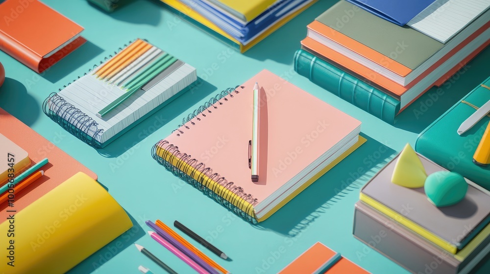 A selection of books and stationery items spread across a desk, including pencils, highlighters, and notebooks, creating a realistic academic vibe A selection of books and stationery items spread across a desk, including pencils, highlighters, and notebooks, creating a realistic academic vibe