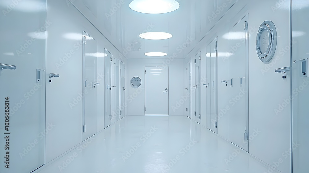 Controlled and Confined A Hallway of Glass Walled Prison Cells Lit by Cold Fluorescent Lighting Controlled and Confined A Hallway of Glass Walled Prison Cells Lit by Cold Fluorescent Lighting