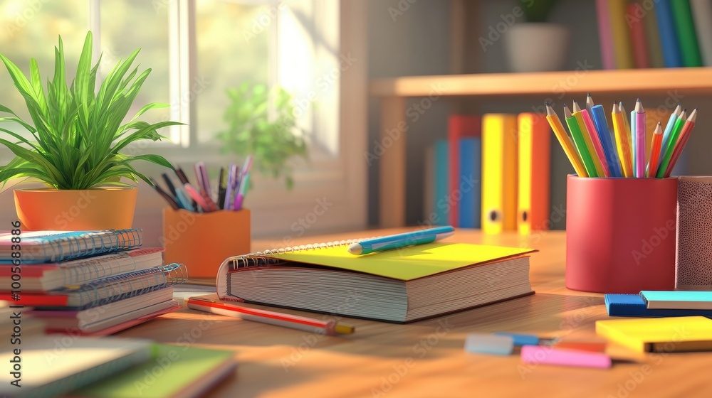 A study desk filled with books, notebooks, and stationery, including colorful pens and sticky notes, creating a realistic and vibrant scene A study desk filled with books, notebooks, and stationery, including colorful pens and sticky notes, creating a realistic and vibrant scene