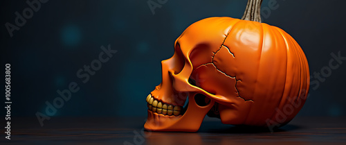 Pumpkin-Shaped Human Skull on Blue Background with Copy Space