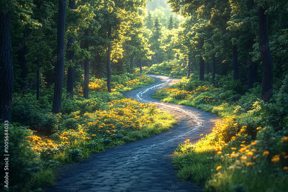 sunlit path winding through lush green forest with yellow flowers sunlit path winding through lush green forest with yellow flowers