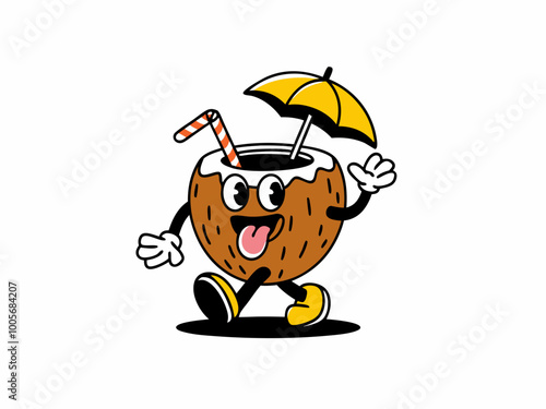 Cartoon Coconut Drink Character with Straw and Umbrella