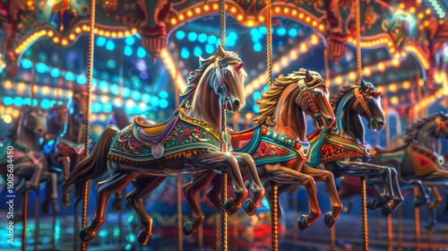 High-quality 3D illustration of a carnival carousel, with ornate horses and vibrant colors