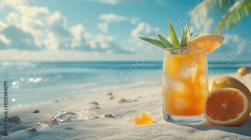 A refreshing cocktail with pineapple and orange on a sandy beach with ocean background.