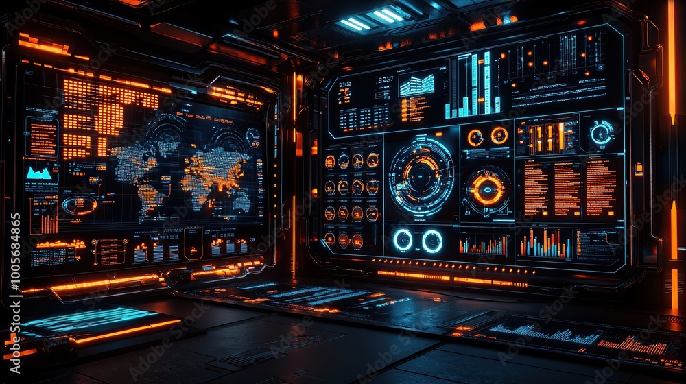 Futuristic control room with glowing digital interfaces and screens.