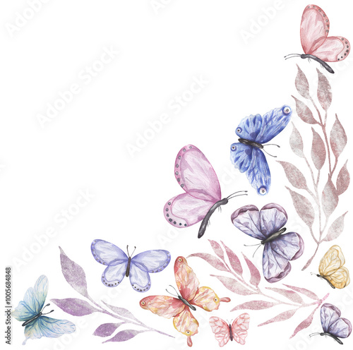 Photography Watercolor butterflies and leaves branch corner border, flora frame illustration