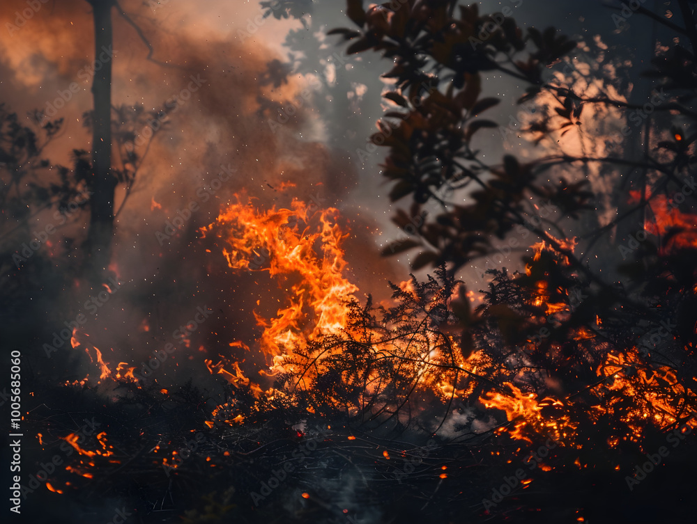 Fierce flames engulfing trees and land in an uncontrollable blaze in the wilderness. Fierce flames engulfing trees and land in an uncontrollable blaze in the wilderness.